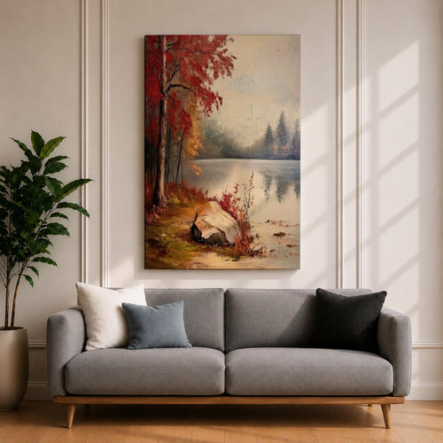 A vintage style framed canvas painting depicting an autumn lake scene with vibrant red and orange trees, a large rock by the water's edge, and a misty forest reflected in the calm lake surface, capturing a peaceful natural landscape.