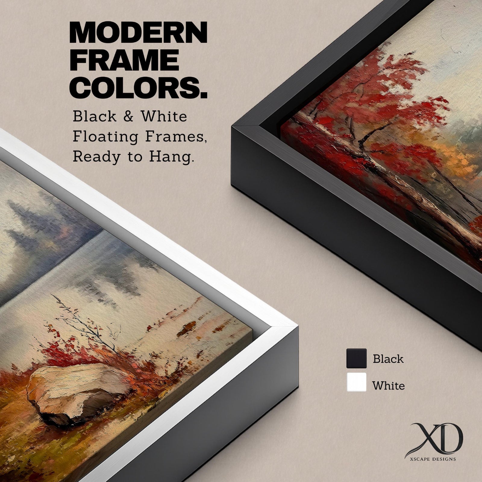 A vintage style framed canvas painting depicting an autumn lake scene with vibrant red and orange trees, a large rock by the water's edge, and a misty forest reflected in the calm lake surface, capturing a peaceful natural landscape.