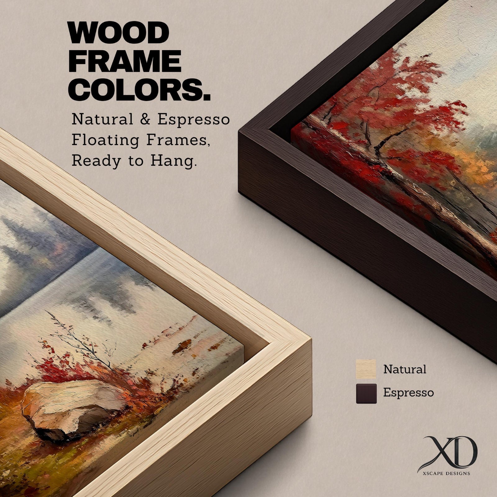 A vintage style framed canvas painting depicting an autumn lake scene with vibrant red and orange trees, a large rock by the water's edge, and a misty forest reflected in the calm lake surface, capturing a peaceful natural landscape.