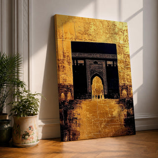 Kaaba wall art featuring the sacred Kaaba doorway at Masjid al-Haram in Mecca with a gold textured background. Islamic artwork highlighting the ornate arch entrance of the holy mosque. Framed canvas Islamic decor inspired by the spiritual beauty of the Kaaba.