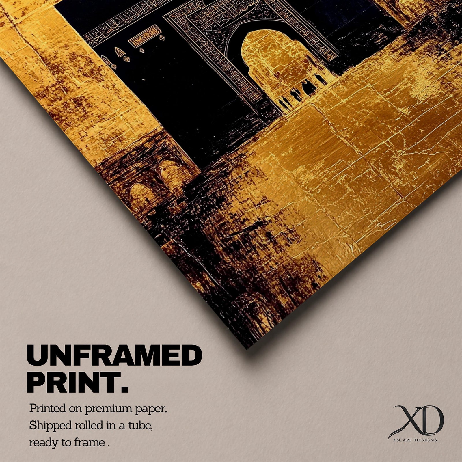 Kaaba wall art featuring the sacred Kaaba doorway at Masjid al-Haram in Mecca with a gold textured background. Islamic artwork highlighting the ornate arch entrance of the holy mosque. Framed canvas Islamic decor inspired by the spiritual beauty of the Kaaba.