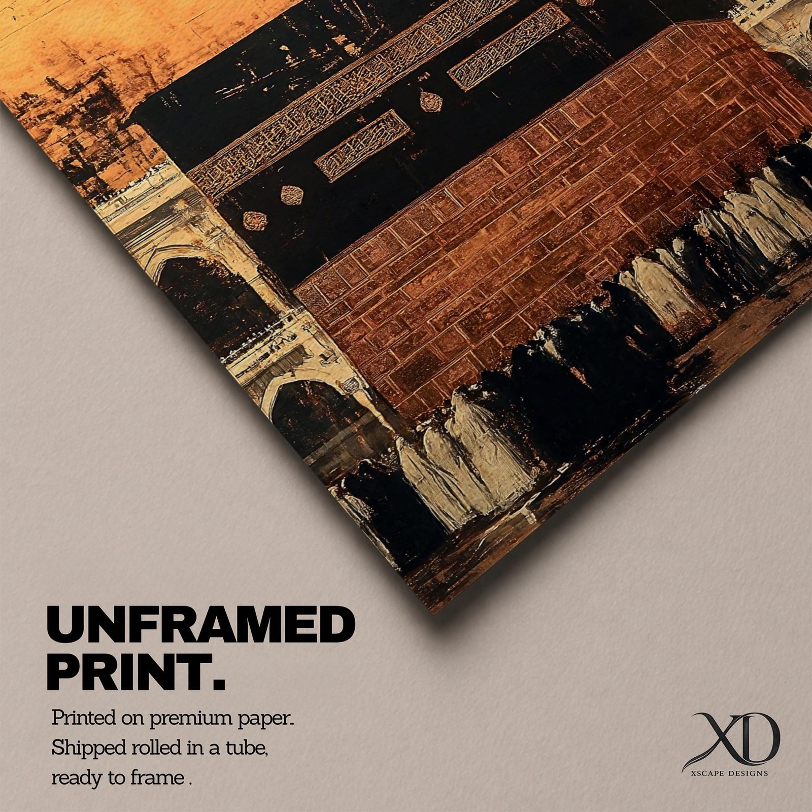 Kaaba wall art featuring a close view of the sacred Kaaba at Masjid al-Haram in Mecca with pilgrims gathered during Hajj pilgrimage and Umrah. Vintage Islamic artwork showing the iconic black cube and mosque arches, framed canvas decor for Muslim homes and spiritual interiors.