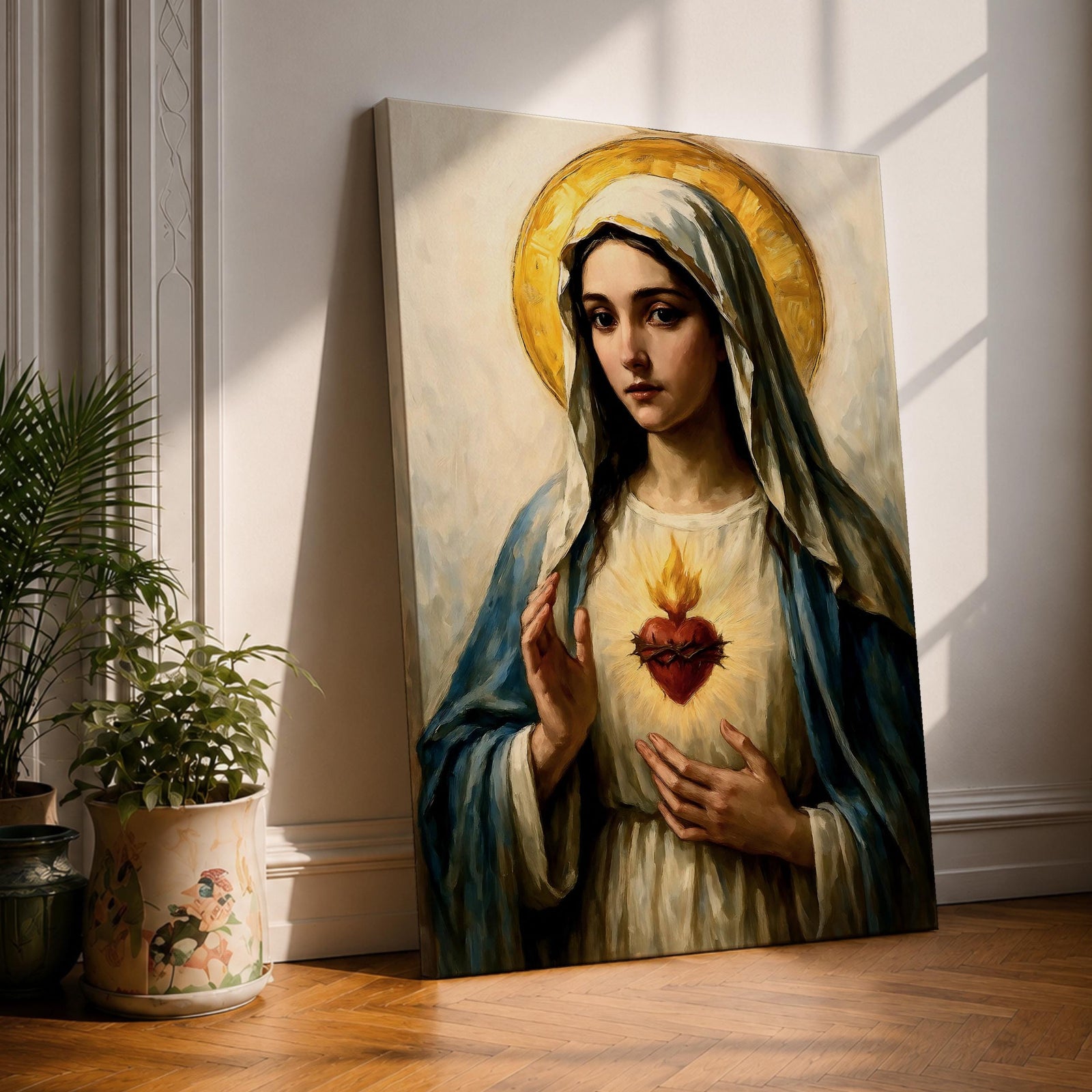 Vintage devotional illustration of the Virgin Mary presenting the Sacred Heart of Mary glowing at her chest, encircled with roses and radiant light, shown with a serene expression and open hands, wearing flowing robes and a soft halo, rendered in warm antique tones with delicate shading in a traditional Marian Catholic composition.
