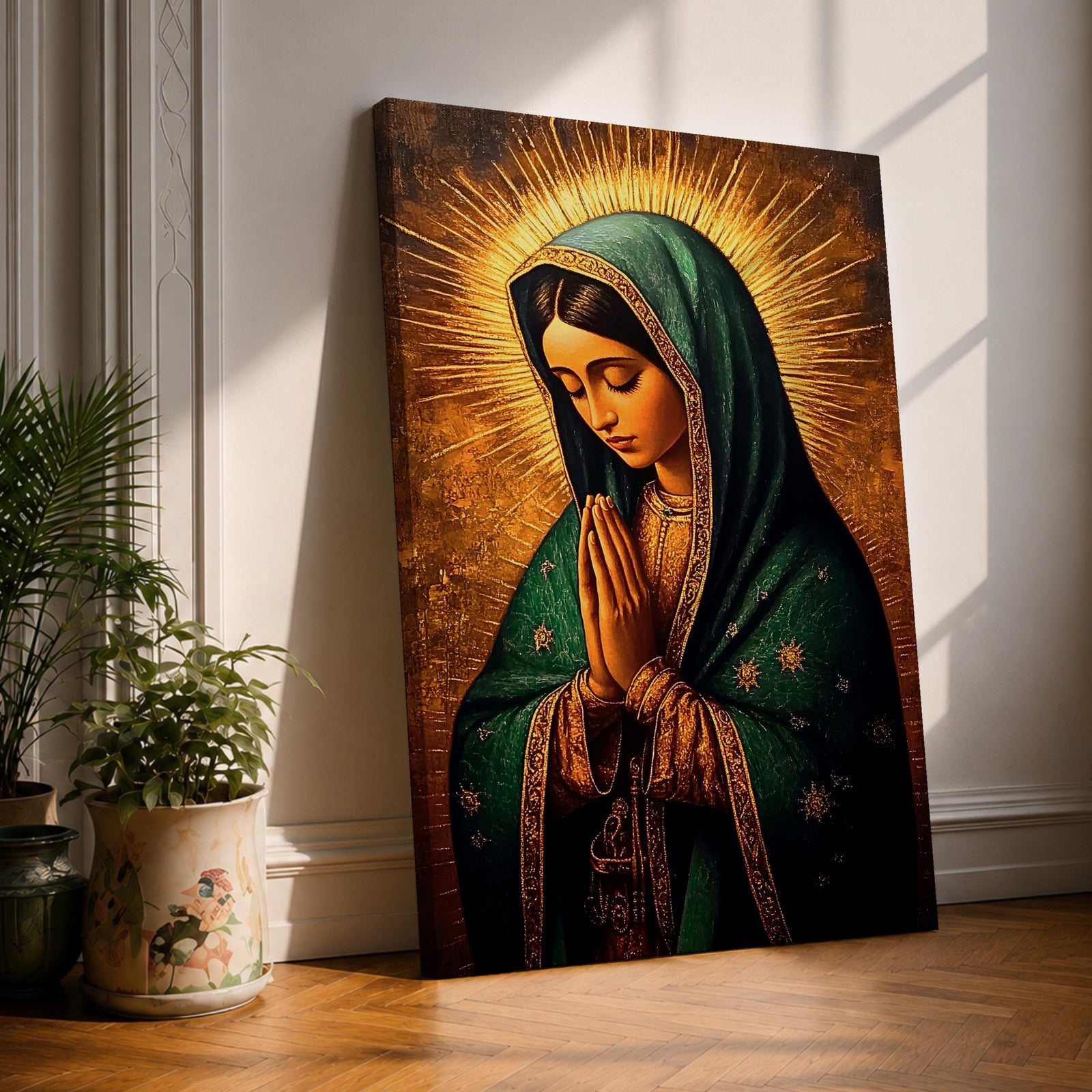 Vintage devotional illustration of Mary of Guadalupe also known as La Guadalupana standing with hands clasped in prayer, wearing a rose colored gown and a teal mantle covered with gold stars, surrounded by radiant golden rays with a small angel beneath her, rendered in warm antique tones with delicate shading in traditional Mexican Catholic icon style.