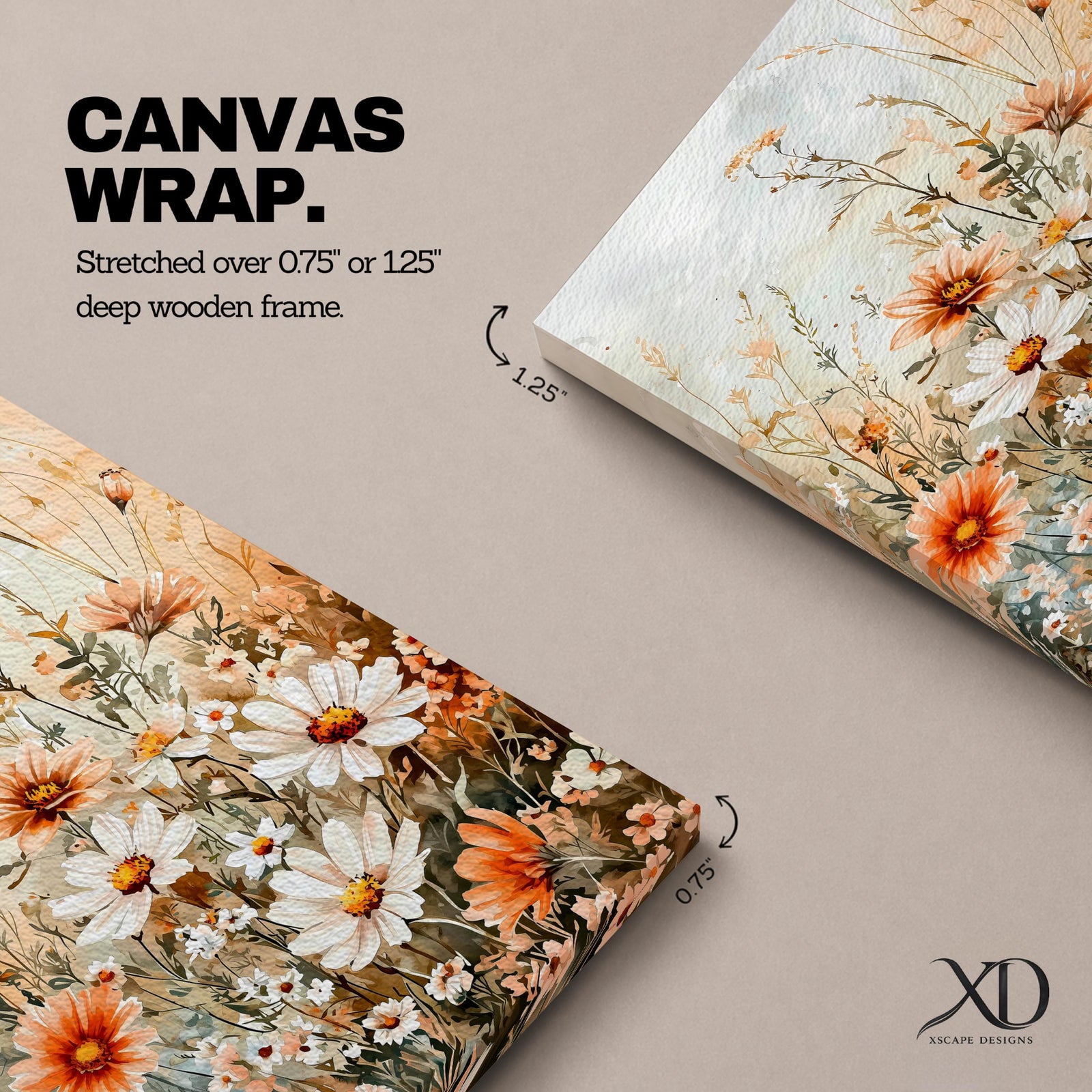 A framed watercolor painting of wildflowers and meadow flowers featuring delicate white and orange blossoms with slender stems and leaves, arranged in a natural field composition with a soft, airy background evoking a cottage floral theme.