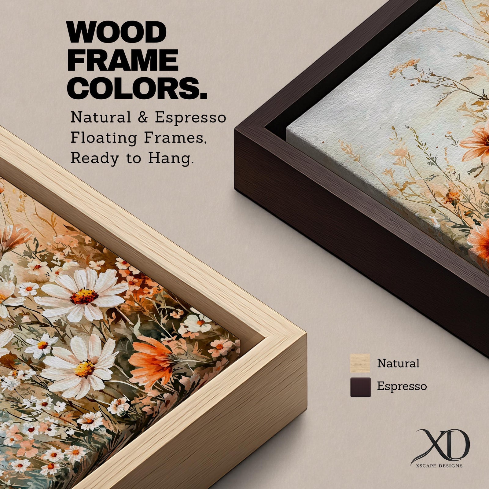 A framed watercolor painting of wildflowers and meadow flowers featuring delicate white and orange blossoms with slender stems and leaves, arranged in a natural field composition with a soft, airy background evoking a cottage floral theme.