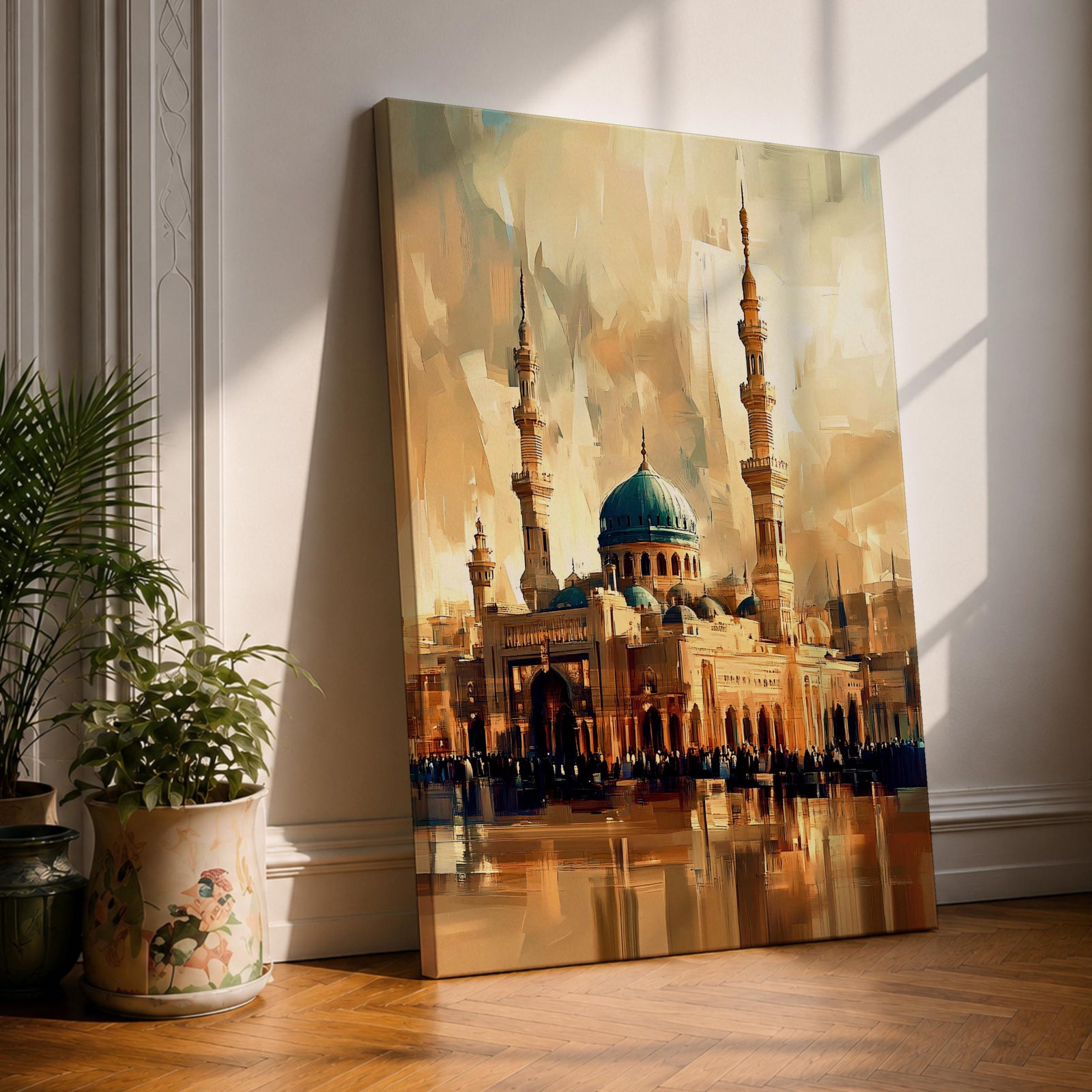 Masjid Al Nabawi wall art featuring the iconic green dome and minarets of the Prophet’s Mosque in Medina. Vintage style Islamic artwork capturing the sacred mosque courtyard and architecture, framed canvas decor inspired by one of Islam’s most important holy sites.