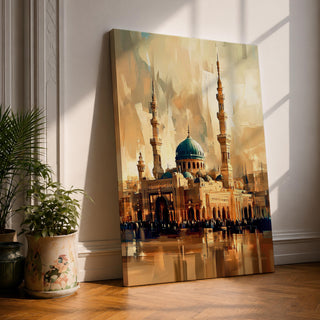 Masjid Al Nabawi wall art featuring the iconic green dome and minarets of the Prophet’s Mosque in Medina. Vintage style Islamic artwork capturing the sacred mosque courtyard and architecture, framed canvas decor inspired by one of Islam’s most important holy sites.