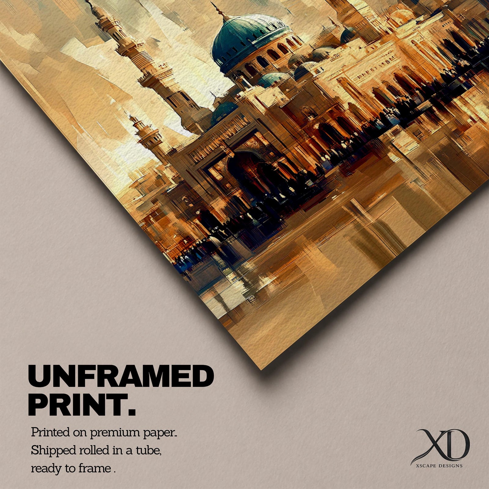 Masjid Al Nabawi wall art featuring the iconic green dome and minarets of the Prophet’s Mosque in Medina. Vintage style Islamic artwork capturing the sacred mosque courtyard and architecture, framed canvas decor inspired by one of Islam’s most important holy sites.