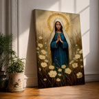 Illustration of the Virgin Mary portrayed as Our Lady of Grace standing with open arms and a gentle expression, wearing flowing white and blue robes with a soft halo surrounding her head, accented by decorative floral elements and soft radiant light, rendered with delicate shading in a Marian Catholic devotional composition.