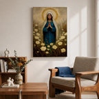 Illustration of the Virgin Mary portrayed as Our Lady of Grace standing with open arms and a gentle expression, wearing flowing white and blue robes with a soft halo surrounding her head, accented by decorative floral elements and soft radiant light, rendered with delicate shading in a Marian Catholic devotional composition.