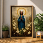 Illustration of the Virgin Mary portrayed as Our Lady of Grace standing with open arms and a gentle expression, wearing flowing white and blue robes with a soft halo surrounding her head, accented by decorative floral elements and soft radiant light, rendered with delicate shading in a Marian Catholic devotional composition.