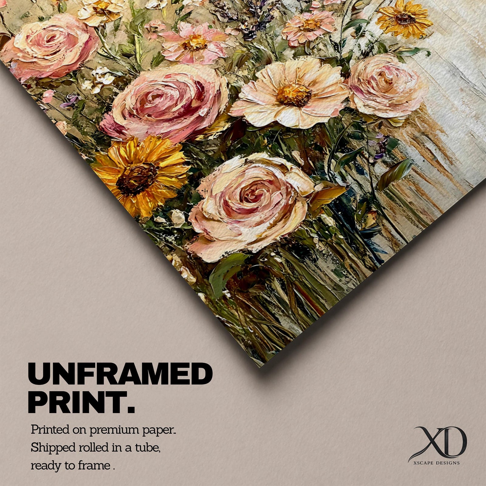 A vintage-style floral bouquet painting featuring textured roses, daisies, and wildflowers arranged in a loose, natural composition. The artwork uses thick impasto brushstrokes to create a rustic cottagecore aesthetic with soft, muted tones and a classic floral theme.