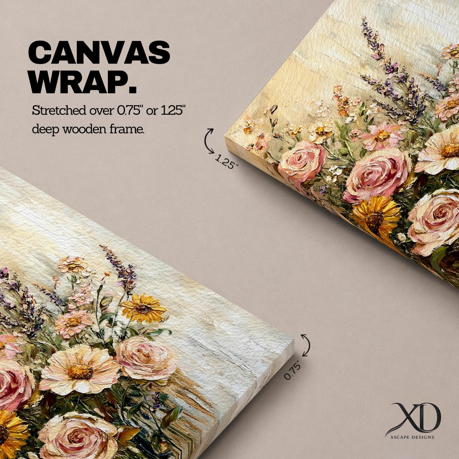 A vintage-style floral bouquet painting featuring textured roses, daisies, and wildflowers arranged in a loose, natural composition. The artwork uses thick impasto brushstrokes to create a rustic cottagecore aesthetic with soft, muted tones and a classic floral theme.