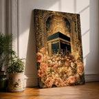 Ornate Islamic artwork of the Kaaba framed by a richly decorated mihrab with golden floral elements and intricate Ottoman-style patterns.