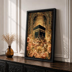 Ornate Islamic artwork of the Kaaba framed by a richly decorated mihrab with golden floral elements and intricate Ottoman-style patterns.