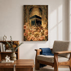 Ornate Islamic artwork of the Kaaba framed by a richly decorated mihrab with golden floral elements and intricate Ottoman-style patterns.