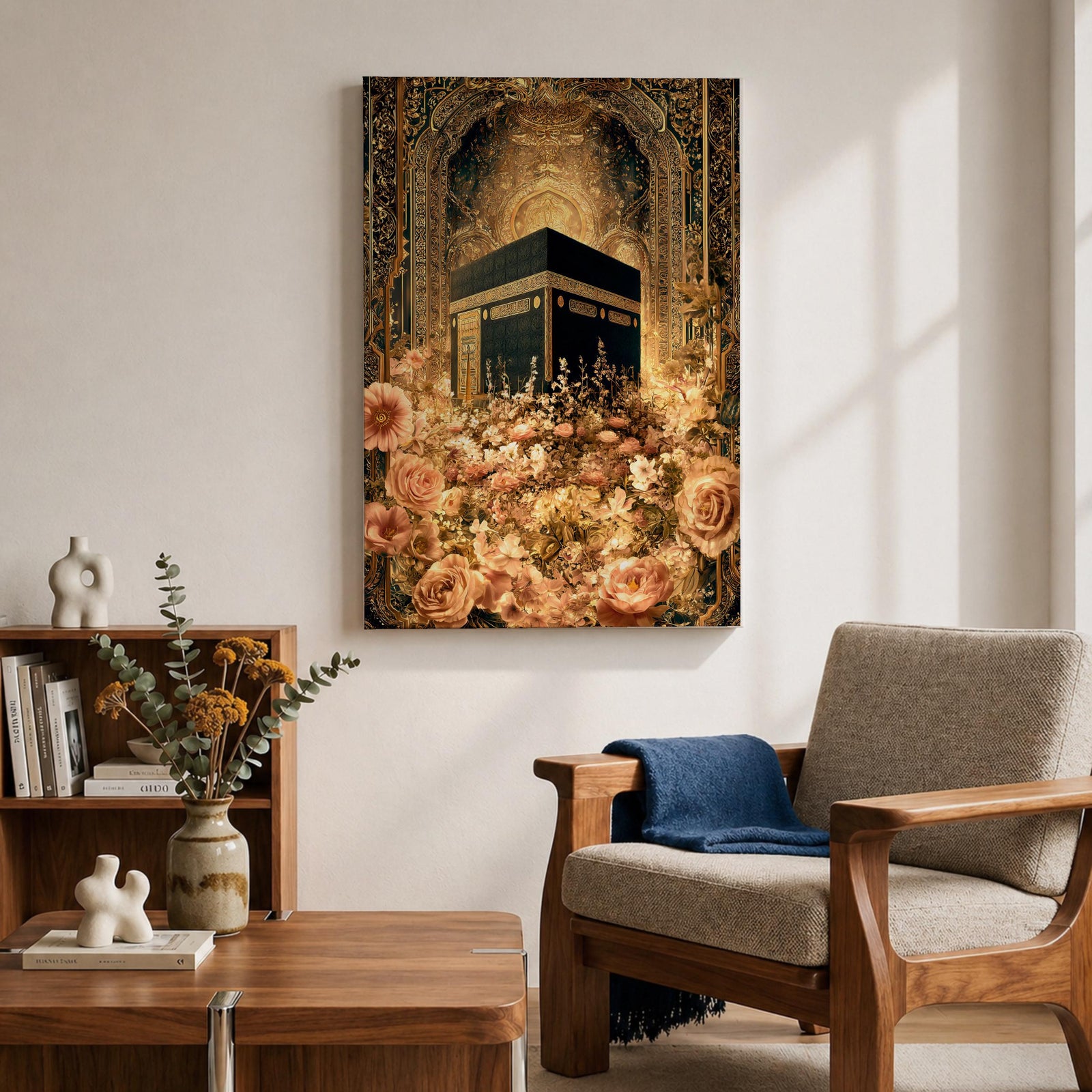 Ornate Islamic artwork of the Kaaba framed by a richly decorated mihrab with golden floral elements and intricate Ottoman-style patterns.