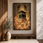 Ornate Islamic artwork of the Kaaba framed by a richly decorated mihrab with golden floral elements and intricate Ottoman-style patterns.