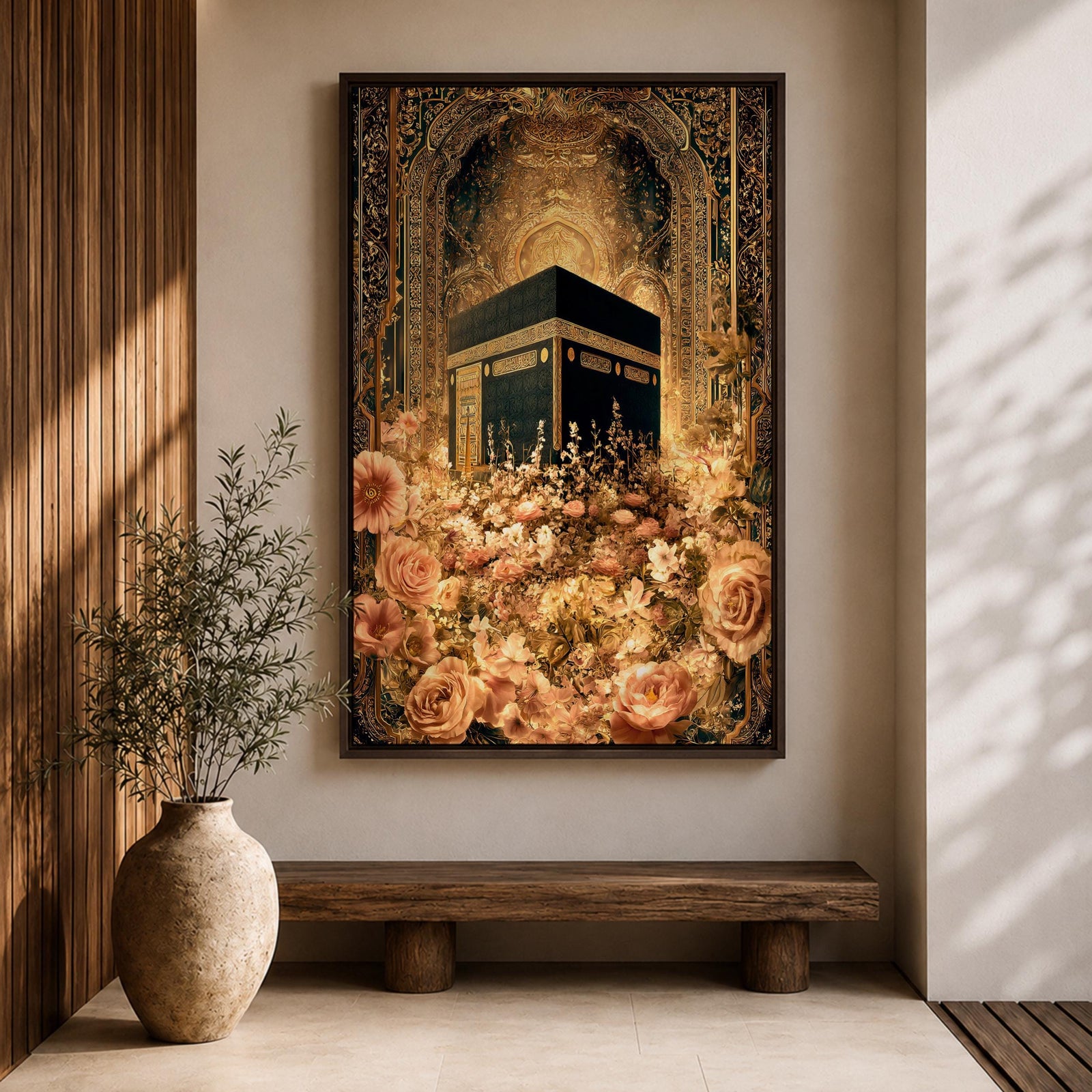 Ornate Islamic artwork of the Kaaba framed by a richly decorated mihrab with golden floral elements and intricate Ottoman-style patterns.