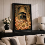 Ornate Islamic artwork of the Kaaba framed by a richly decorated mihrab with golden floral elements and intricate Ottoman-style patterns.
