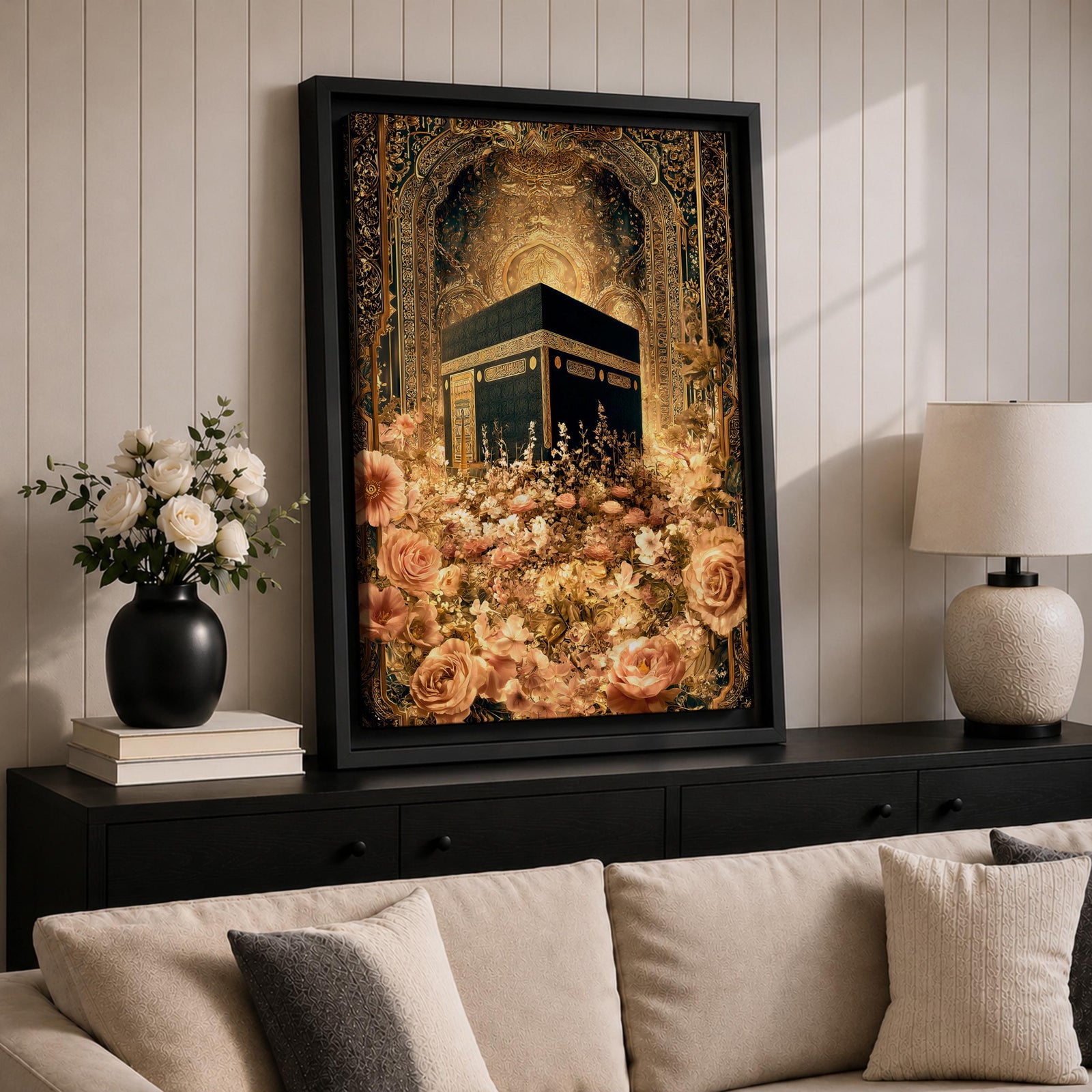 Ornate Islamic artwork of the Kaaba framed by a richly decorated mihrab with golden floral elements and intricate Ottoman-style patterns.
