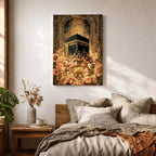 Ornate Islamic artwork of the Kaaba framed by a richly decorated mihrab with golden floral elements and intricate Ottoman-style patterns.
