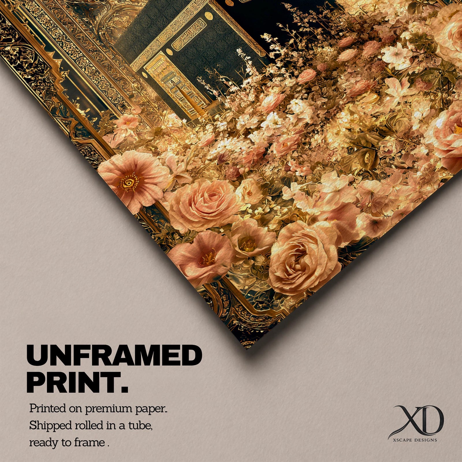 Ornate Islamic artwork of the Kaaba framed by a richly decorated mihrab with golden floral elements and intricate Ottoman-style patterns.
