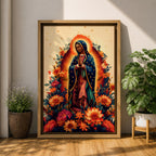 A devotional depiction of La Guadalupana as Our Lady of Guadalupe standing with hands clasped in prayer, wearing a rose pink gown and a teal mantle covered with gold stars, surrounded by radiant golden rays and standing above a crescent moon with an angel beneath, framed with floral elements in traditional Mexican Catholic style.