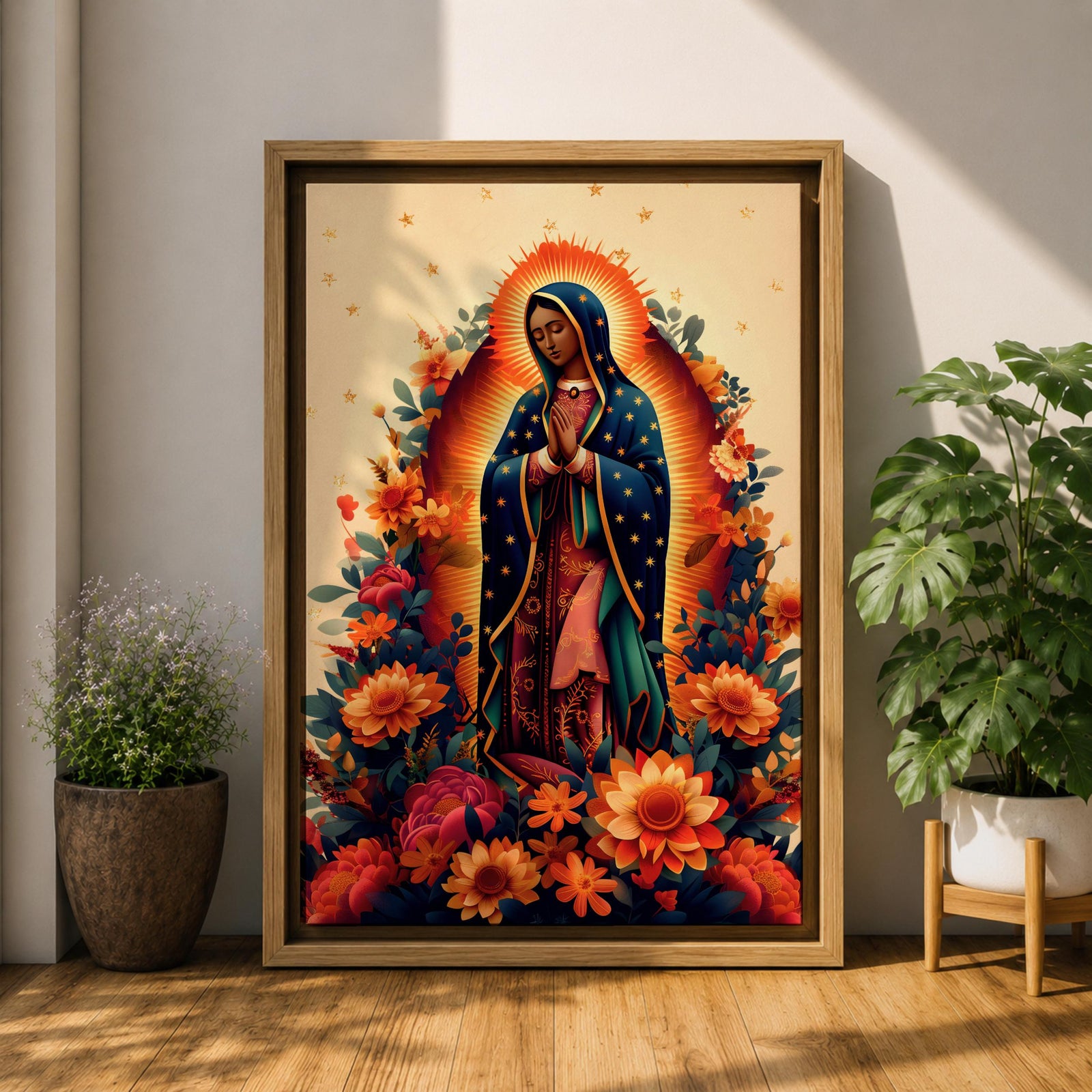A devotional depiction of La Guadalupana as Our Lady of Guadalupe standing with hands clasped in prayer, wearing a rose pink gown and a teal mantle covered with gold stars, surrounded by radiant golden rays and standing above a crescent moon with an angel beneath, framed with floral elements in traditional Mexican Catholic style.