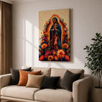 A devotional depiction of La Guadalupana as Our Lady of Guadalupe standing with hands clasped in prayer, wearing a rose pink gown and a teal mantle covered with gold stars, surrounded by radiant golden rays and standing above a crescent moon with an angel beneath, framed with floral elements in traditional Mexican Catholic style.