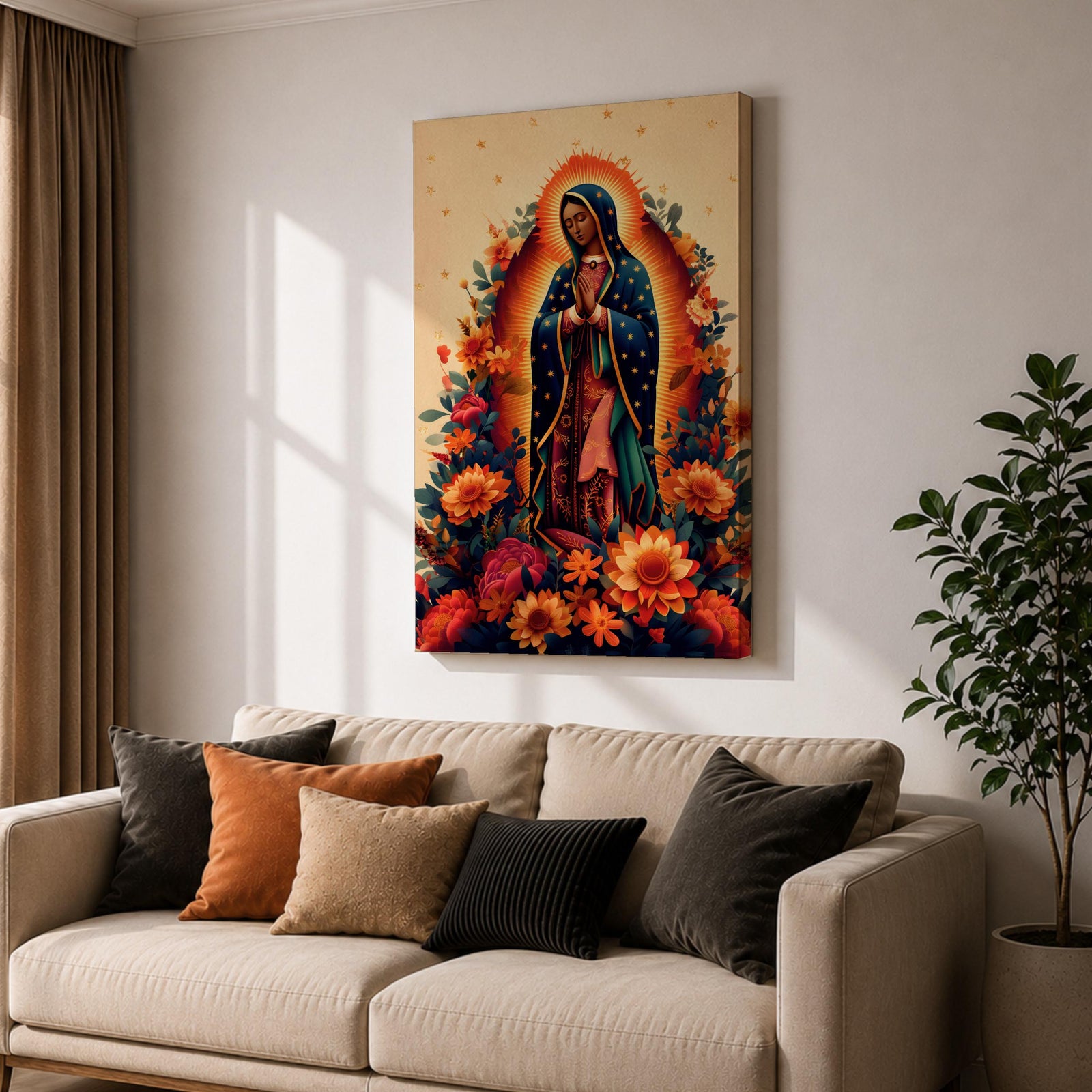 A devotional depiction of La Guadalupana as Our Lady of Guadalupe standing with hands clasped in prayer, wearing a rose pink gown and a teal mantle covered with gold stars, surrounded by radiant golden rays and standing above a crescent moon with an angel beneath, framed with floral elements in traditional Mexican Catholic style.