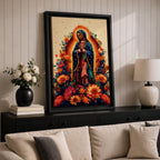 A devotional depiction of La Guadalupana as Our Lady of Guadalupe standing with hands clasped in prayer, wearing a rose pink gown and a teal mantle covered with gold stars, surrounded by radiant golden rays and standing above a crescent moon with an angel beneath, framed with floral elements in traditional Mexican Catholic style.