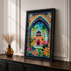Colorful illustrated artwork of a domed Islamic mosque framed by a decorative floral archway with palm trees, vibrant flowers, and lush garden plants surrounding a bright courtyard.