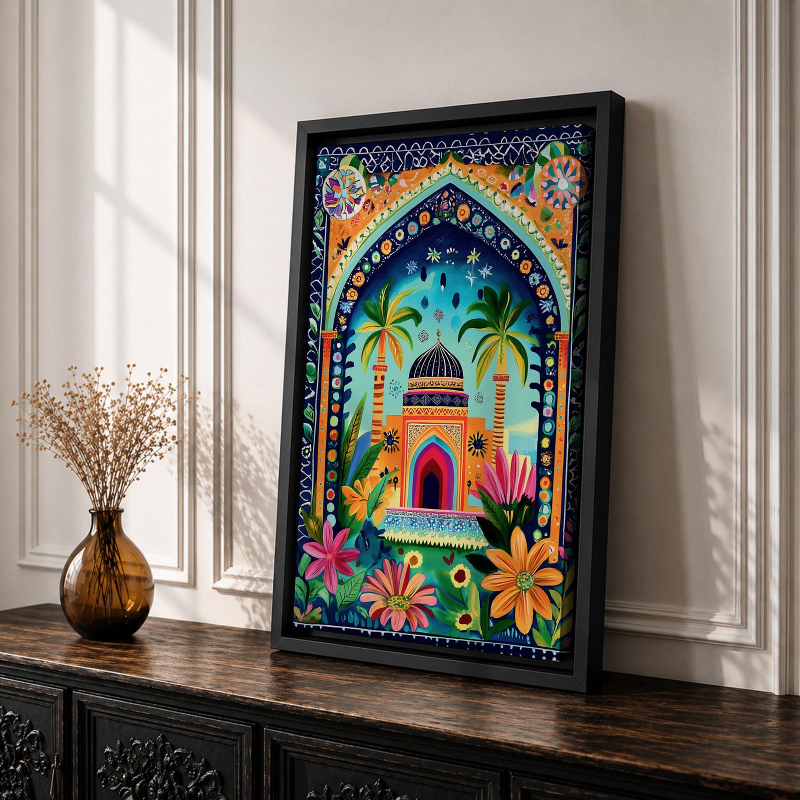 Colorful illustrated artwork of a domed Islamic mosque framed by a decorative floral archway with palm trees, vibrant flowers, and lush garden plants surrounding a bright courtyard.