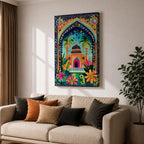 Colorful illustrated artwork of a domed Islamic mosque framed by a decorative floral archway with palm trees, vibrant flowers, and lush garden plants surrounding a bright courtyard.