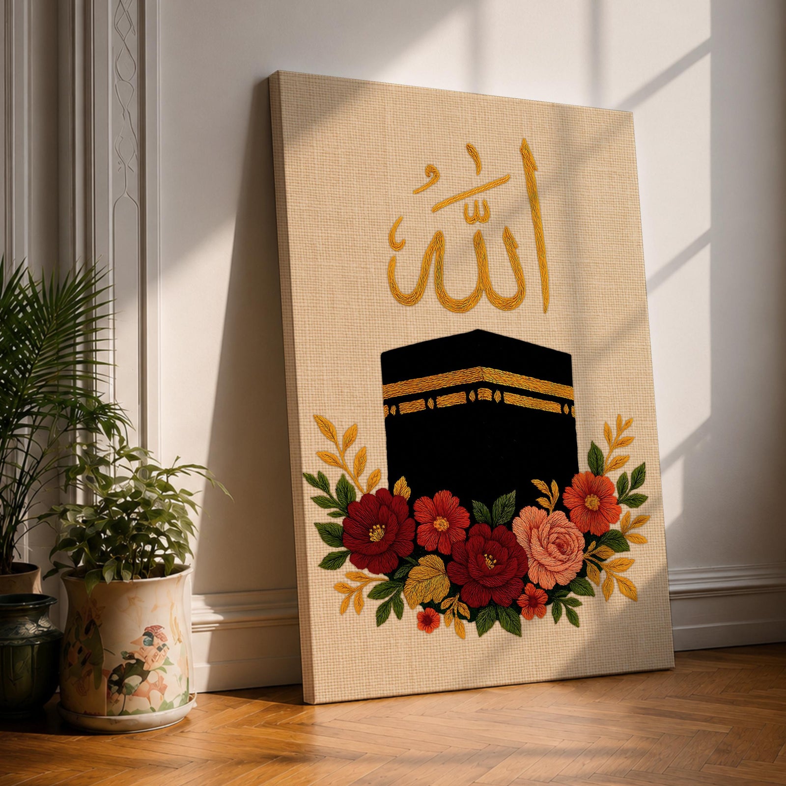 Kaaba wall art featuring Arabic calligraphy of Allah above the sacred Kaaba at Masjid Al-Haram in Mecca with colorful floral embroidery details. Islamic artwork highlighting the holy mosque and calligraphy displayed as framed canvas decor for Muslim homes.
