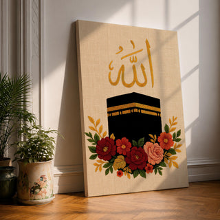 Kaaba wall art featuring Arabic calligraphy of Allah above the sacred Kaaba at Masjid Al-Haram in Mecca with colorful floral embroidery details. Islamic artwork highlighting the holy mosque and calligraphy displayed as framed canvas decor for Muslim homes.