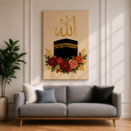 Kaaba wall art featuring Arabic calligraphy of Allah above the sacred Kaaba at Masjid Al-Haram in Mecca with colorful floral embroidery details. Islamic artwork highlighting the holy mosque and calligraphy displayed as framed canvas decor for Muslim homes.