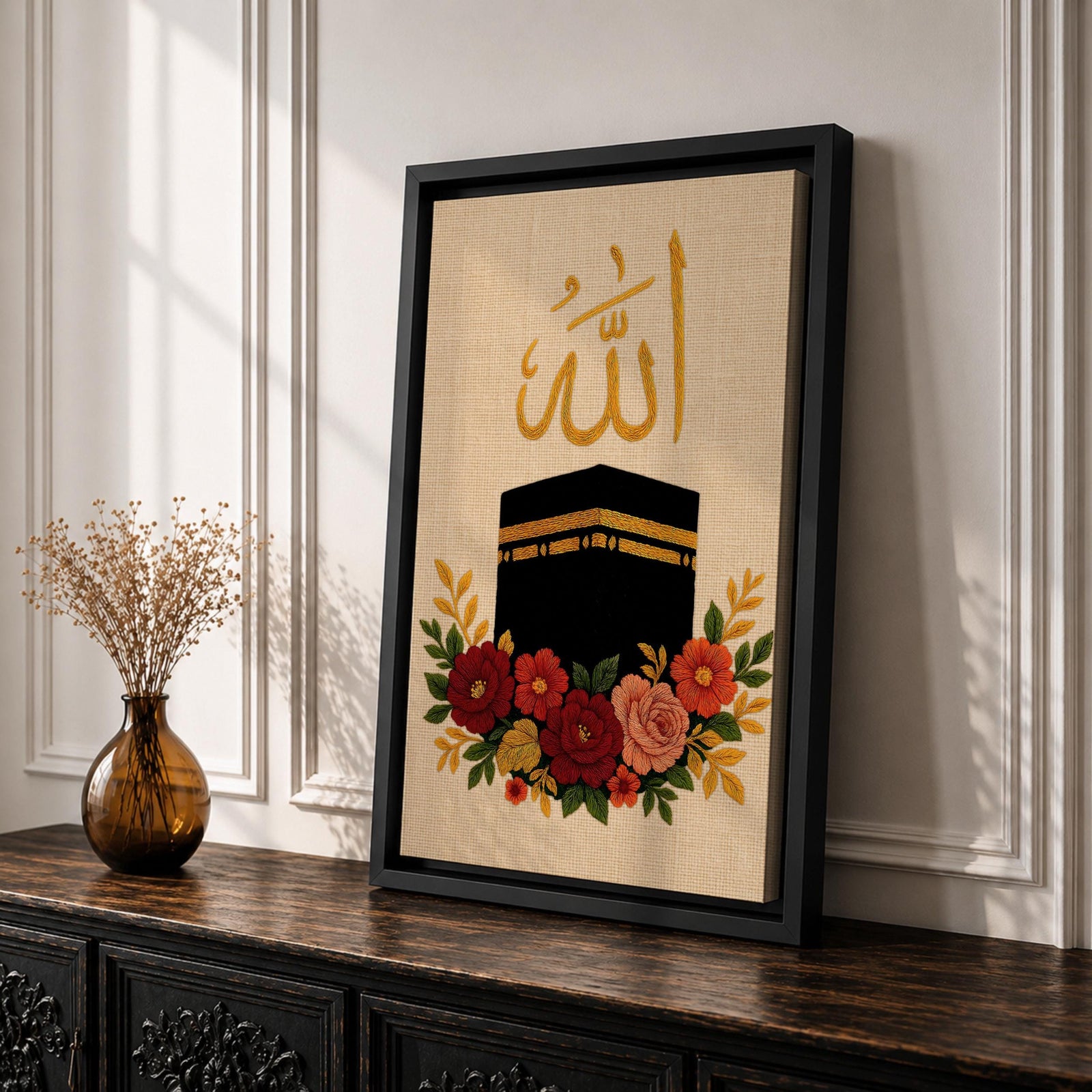 Kaaba wall art featuring Arabic calligraphy of Allah above the sacred Kaaba at Masjid Al-Haram in Mecca with colorful floral embroidery details. Islamic artwork highlighting the holy mosque and calligraphy displayed as framed canvas decor for Muslim homes.