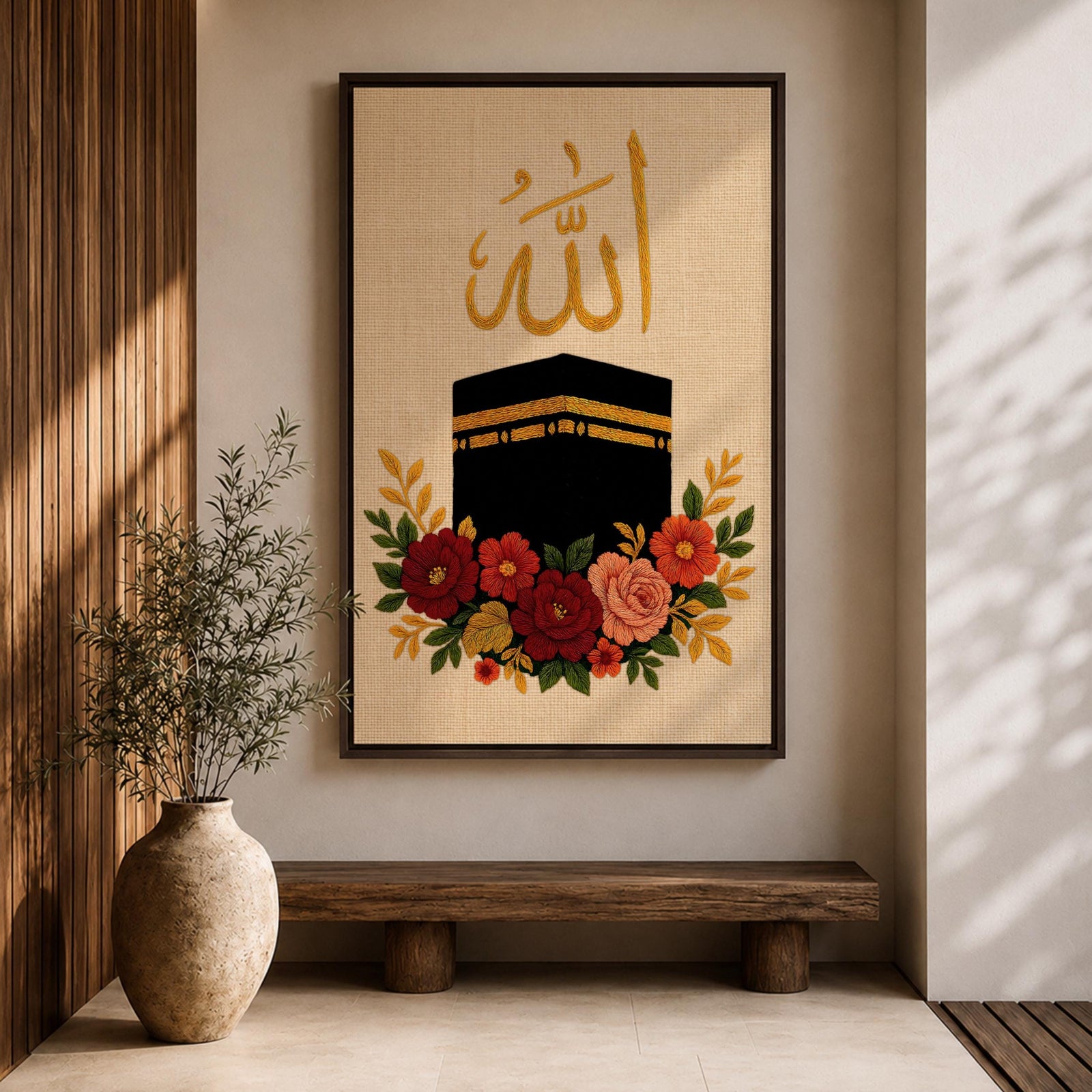 Kaaba wall art featuring Arabic calligraphy of Allah above the sacred Kaaba at Masjid Al-Haram in Mecca with colorful floral embroidery details. Islamic artwork highlighting the holy mosque and calligraphy displayed as framed canvas decor for Muslim homes.