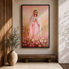 Illustration of Saint Mary portrayed as the Blessed Virgin with a calm expression and gentle gaze, wearing flowing robes and a soft halo, surrounded by decorative floral elements that frame her figure, rendered with delicate shading and warm tones in a Marian devotional composition inspired by Christian religious artwork.