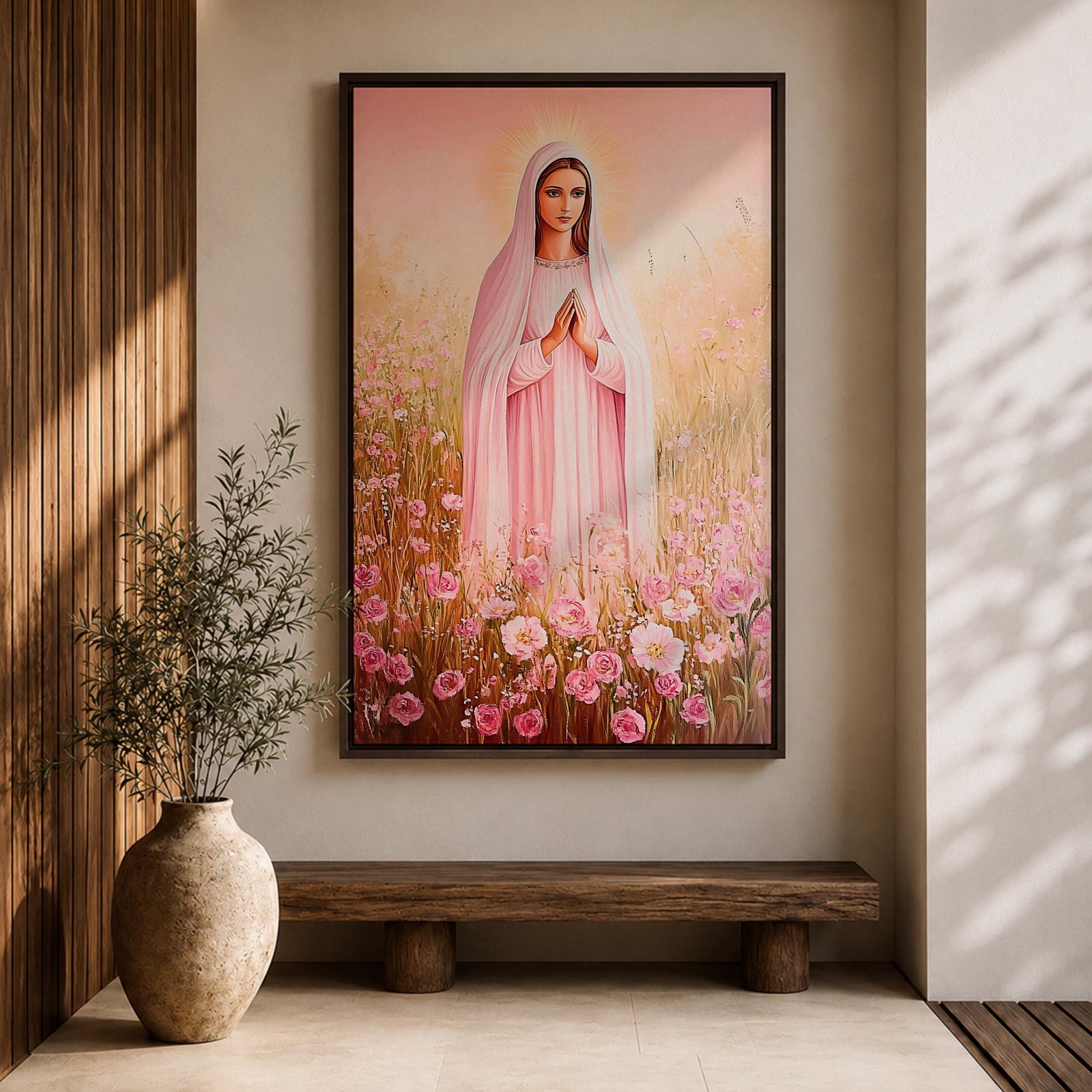 Illustration of Saint Mary portrayed as the Blessed Virgin with a calm expression and gentle gaze, wearing flowing robes and a soft halo, surrounded by decorative floral elements that frame her figure, rendered with delicate shading and warm tones in a Marian devotional composition inspired by Christian religious artwork.