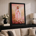 Illustration of Saint Mary portrayed as the Blessed Virgin with a calm expression and gentle gaze, wearing flowing robes and a soft halo, surrounded by decorative floral elements that frame her figure, rendered with delicate shading and warm tones in a Marian devotional composition inspired by Christian religious artwork.