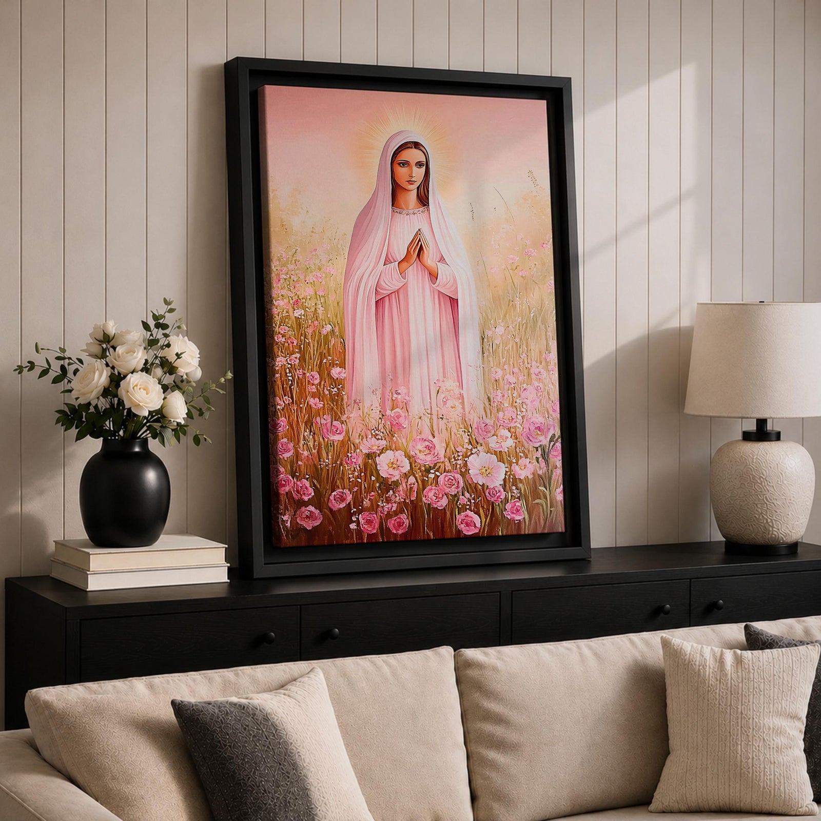 Illustration of Saint Mary portrayed as the Blessed Virgin with a calm expression and gentle gaze, wearing flowing robes and a soft halo, surrounded by decorative floral elements that frame her figure, rendered with delicate shading and warm tones in a Marian devotional composition inspired by Christian religious artwork.