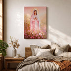 Illustration of Saint Mary portrayed as the Blessed Virgin with a calm expression and gentle gaze, wearing flowing robes and a soft halo, surrounded by decorative floral elements that frame her figure, rendered with delicate shading and warm tones in a Marian devotional composition inspired by Christian religious artwork.