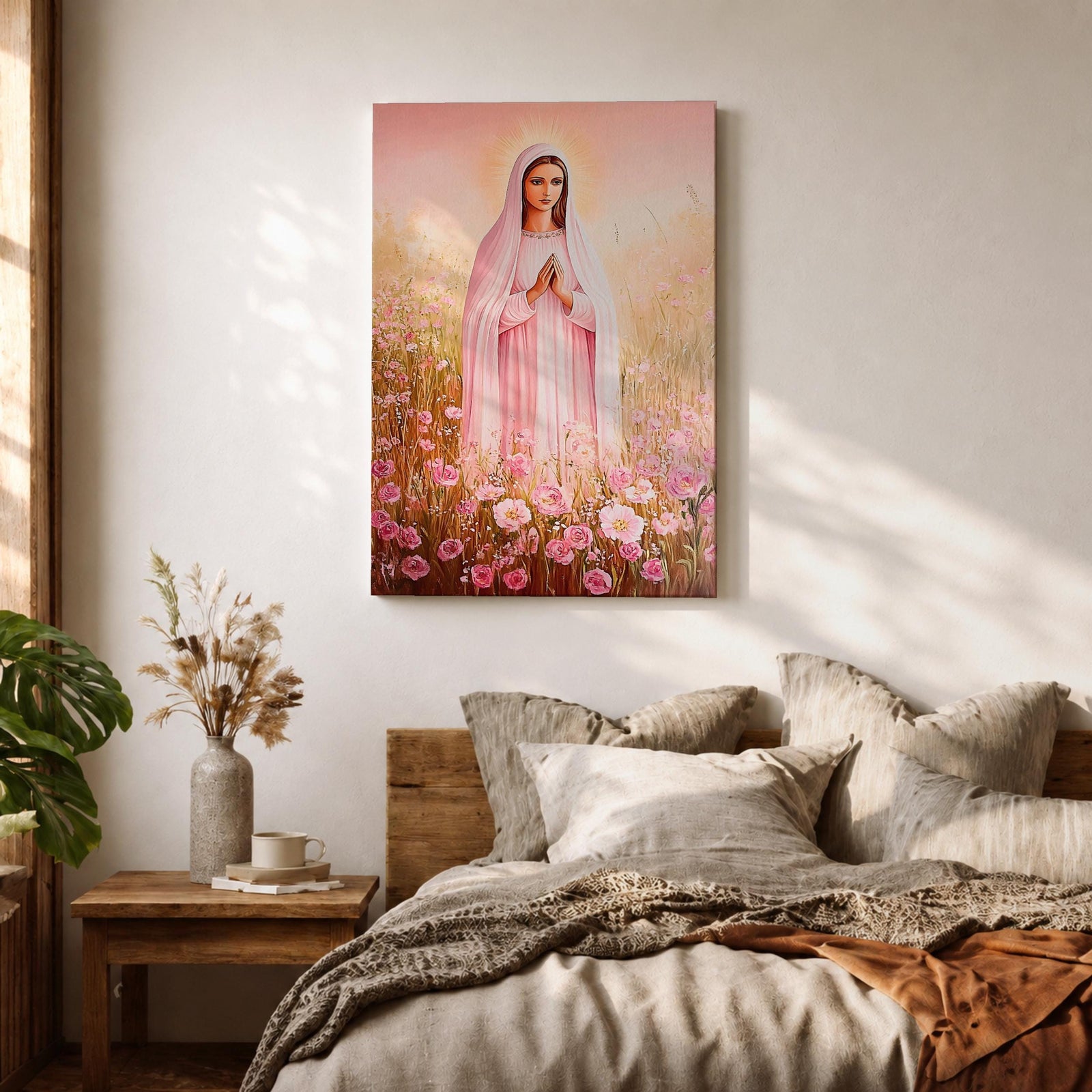Illustration of Saint Mary portrayed as the Blessed Virgin with a calm expression and gentle gaze, wearing flowing robes and a soft halo, surrounded by decorative floral elements that frame her figure, rendered with delicate shading and warm tones in a Marian devotional composition inspired by Christian religious artwork.