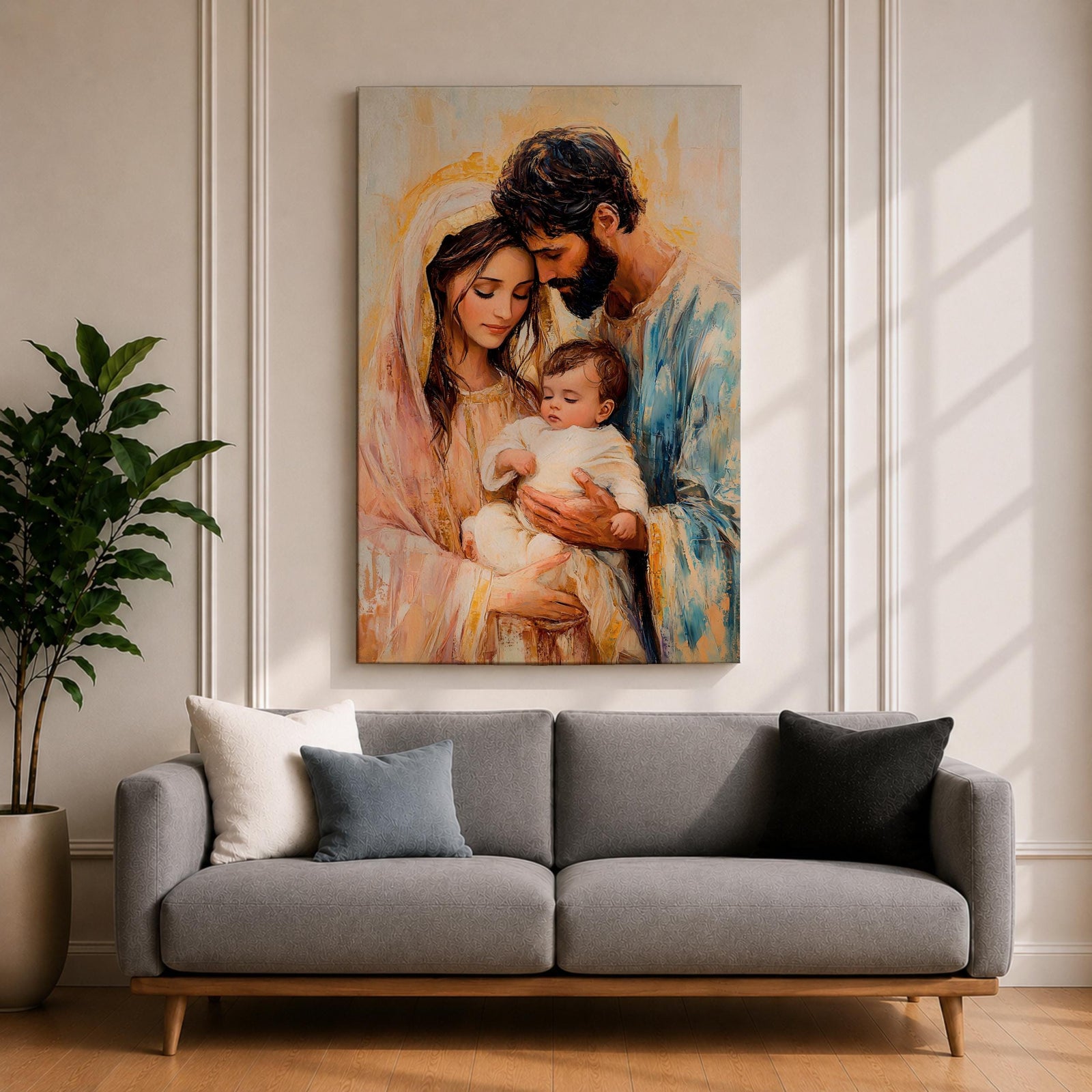 Devotional illustration of the Holy Family showing Jesus with Mary and Joseph gathered closely together in a tender composition, portraying the sacred family with gentle expressions and flowing robes, rendered with warm tones and soft shading in a traditional Christian nativity inspired scene centered on faith and family.
