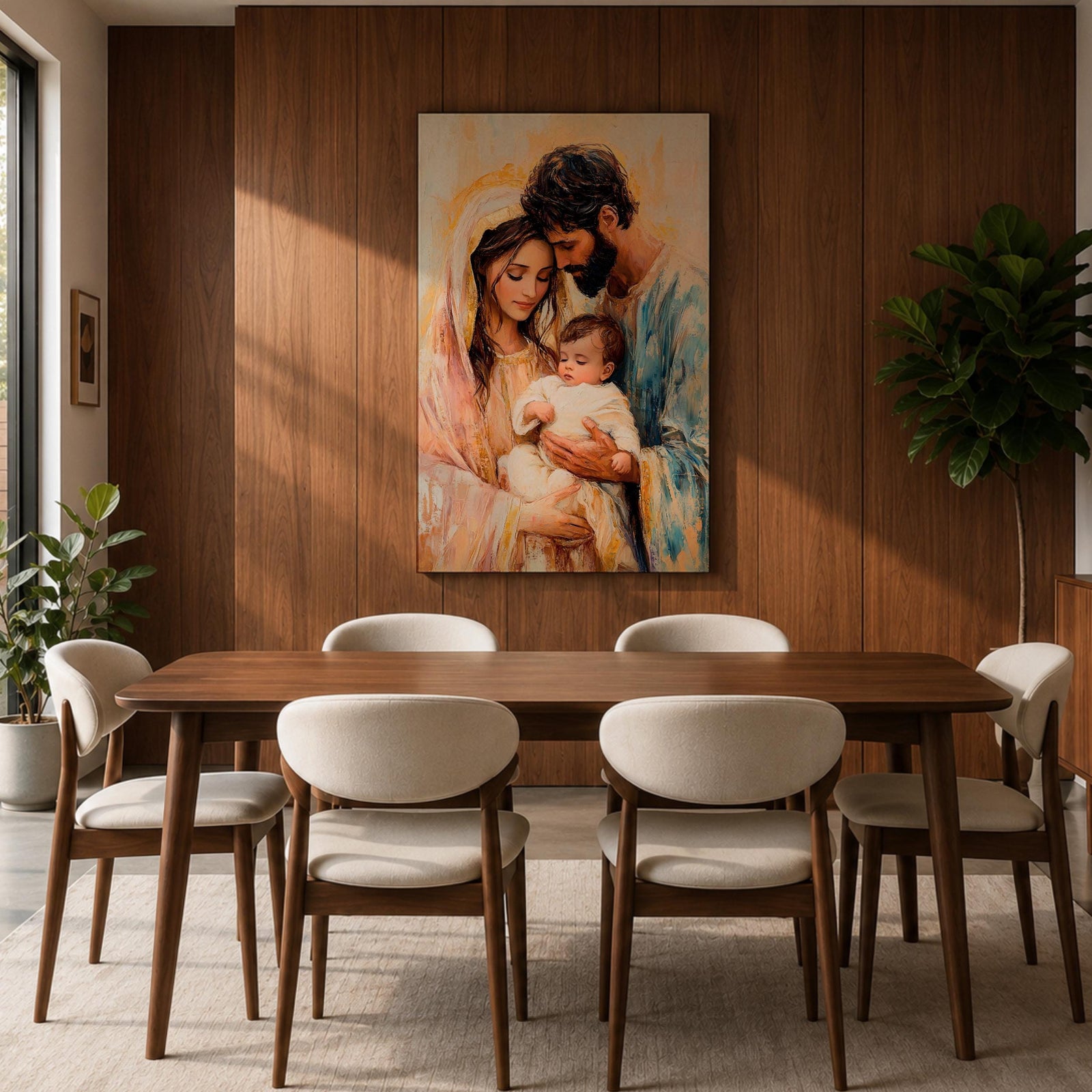 Devotional illustration of the Holy Family showing Jesus with Mary and Joseph gathered closely together in a tender composition, portraying the sacred family with gentle expressions and flowing robes, rendered with warm tones and soft shading in a traditional Christian nativity inspired scene centered on faith and family.