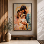 Devotional illustration of the Holy Family showing Jesus with Mary and Joseph gathered closely together in a tender composition, portraying the sacred family with gentle expressions and flowing robes, rendered with warm tones and soft shading in a traditional Christian nativity inspired scene centered on faith and family.